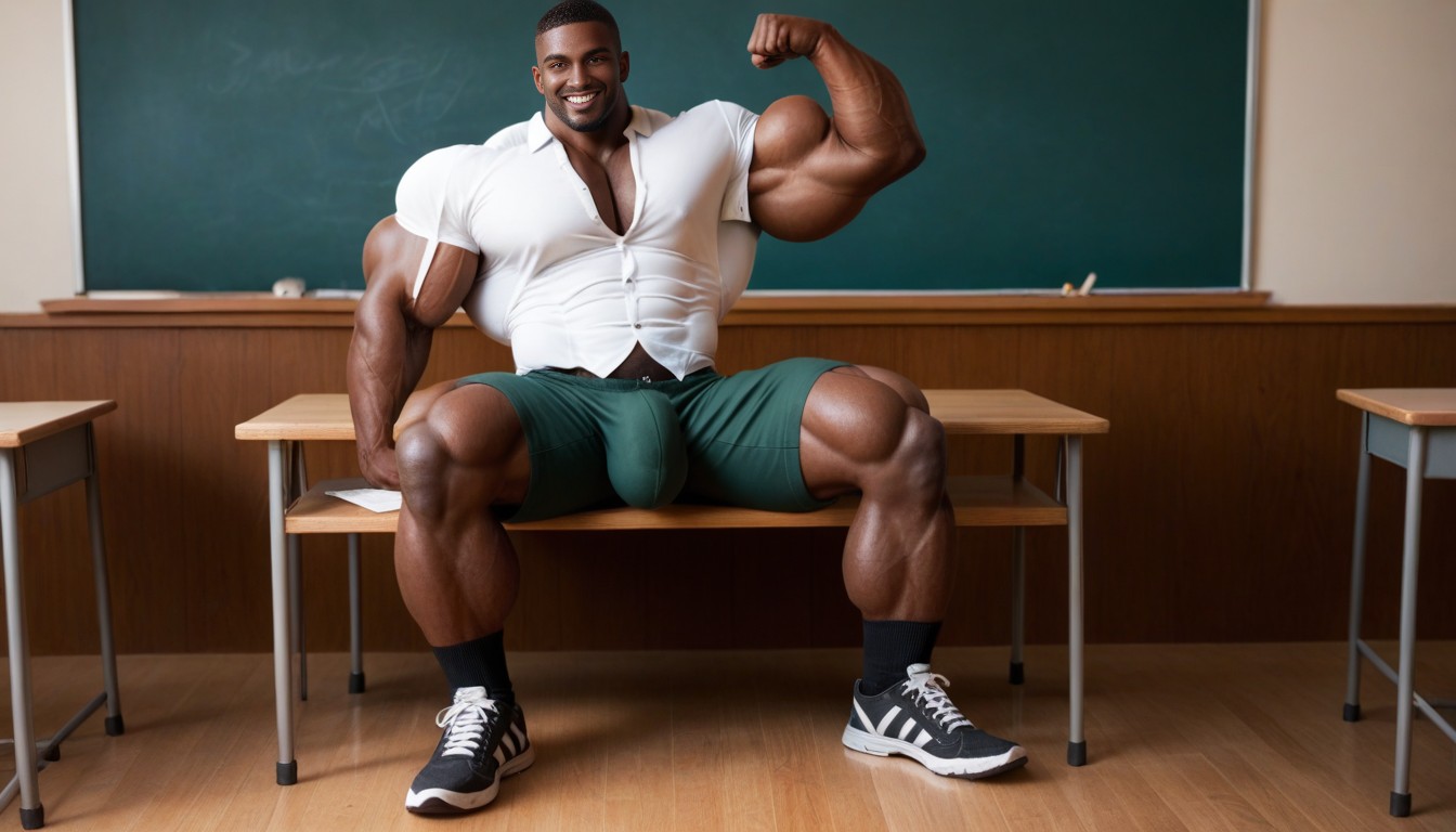 Dark Green Shorts, Full Body Shot, Sitting Down In Classroom AI Gay Porn