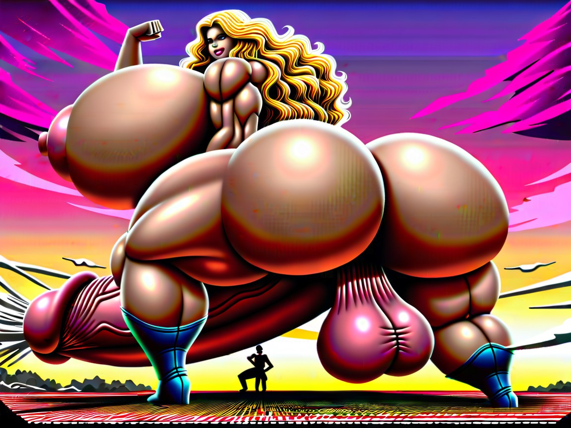Futanari Bodybuilder, Pushing Her Penis Into The Side Of A Skyscraper, Holding Onto Sides Of A Building Shemale AI Porn