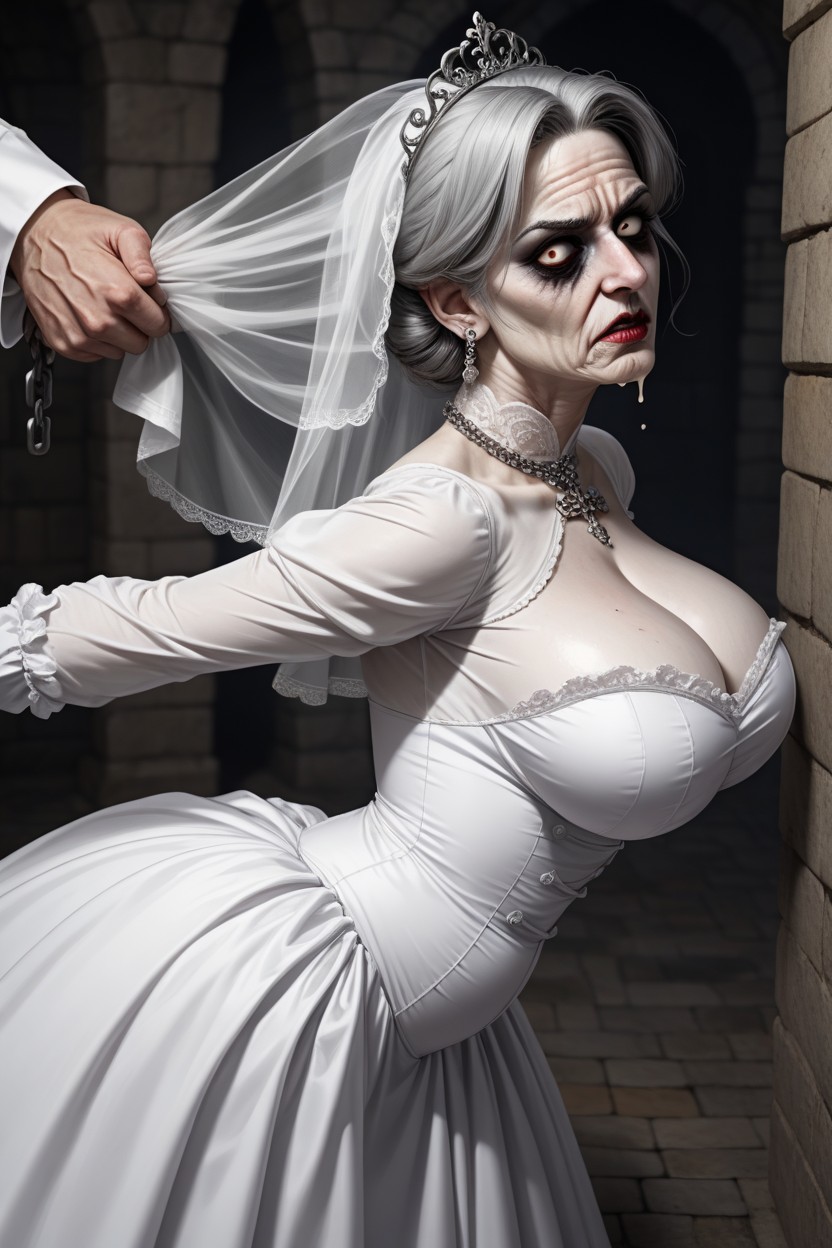Ash Hair, Grey Scarred Skin Zombie La Llorona Bride, Grey Pallid Scarred Zombie Skin AI Porn