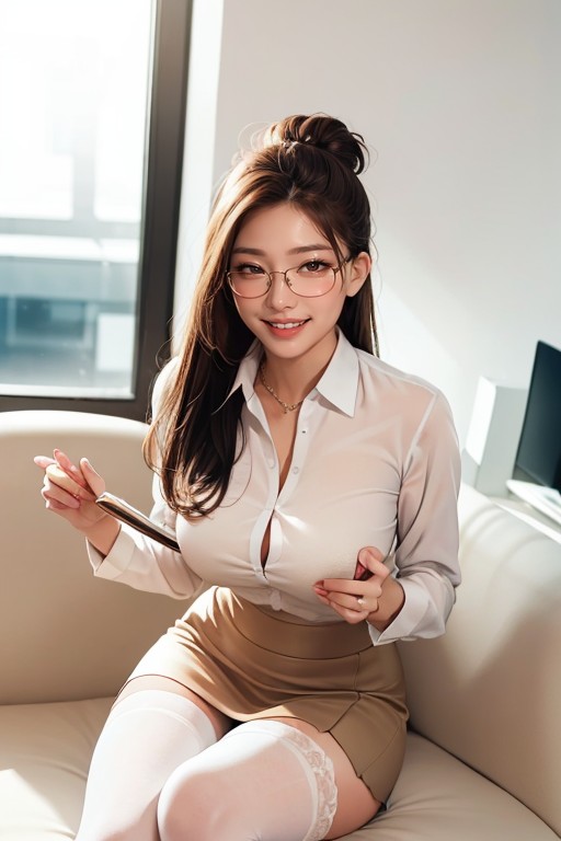 Happy, White Office Shirt, Buttoned Office Shirt AI Porn
