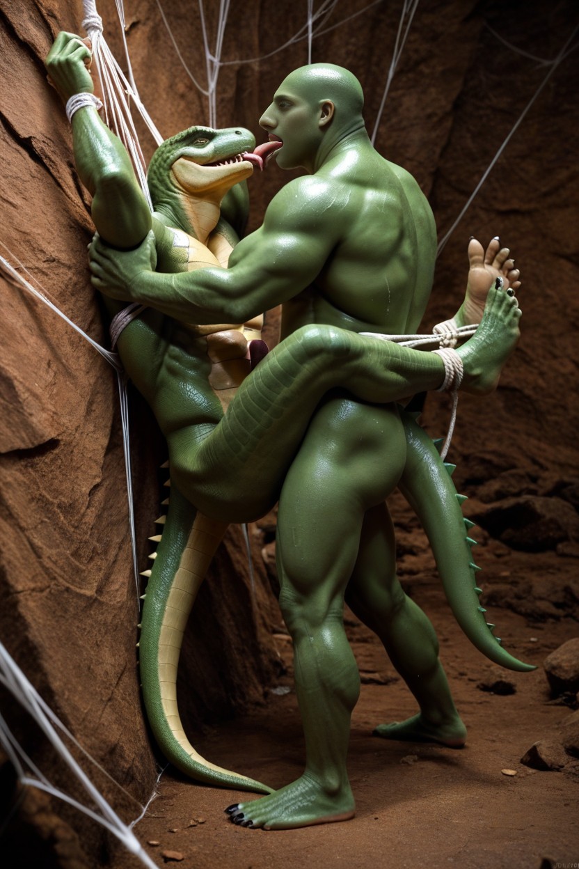 Green Lizard Skin, Standing, Wet Cave AI Gay Porn