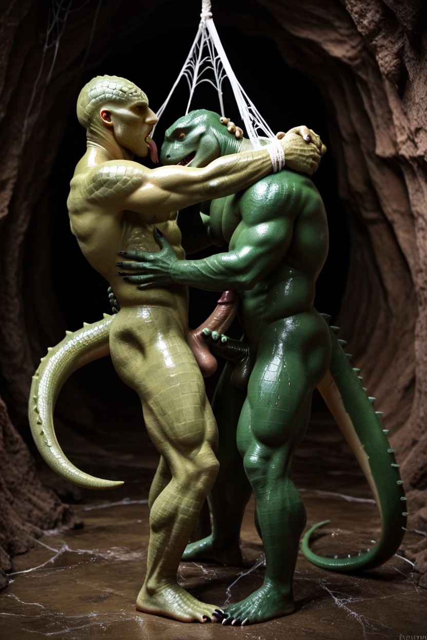 Green Lizard Skin, Oiled Skin, Side Profile AI Gay Porn