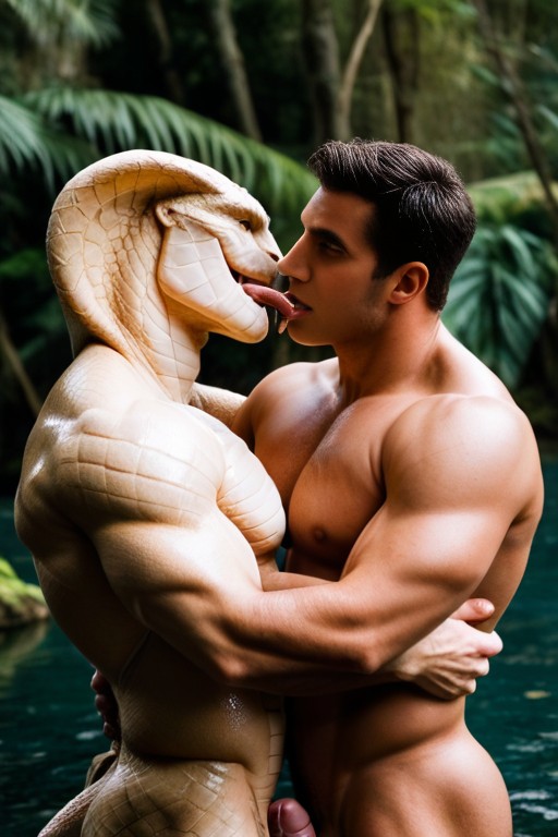 Precum, Lake, Naga Man Emerging From Water AI Gay Porn