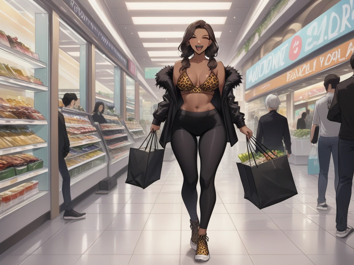 Escalators In Background, Snickering, Low Waist Black Yoga Pants AI Porn