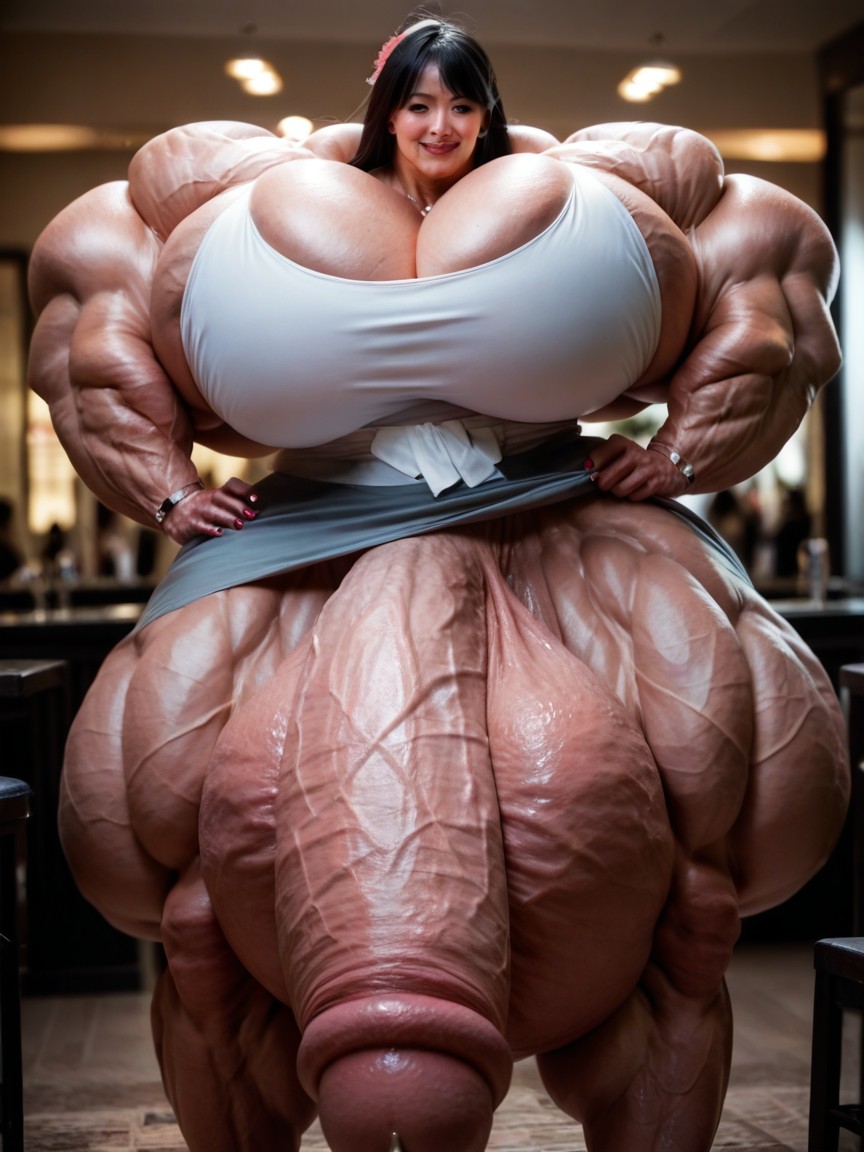 Dress, Smug Expression, Hyper Gigantic Massive Muscles Japanese Milf Shemale AI Porn