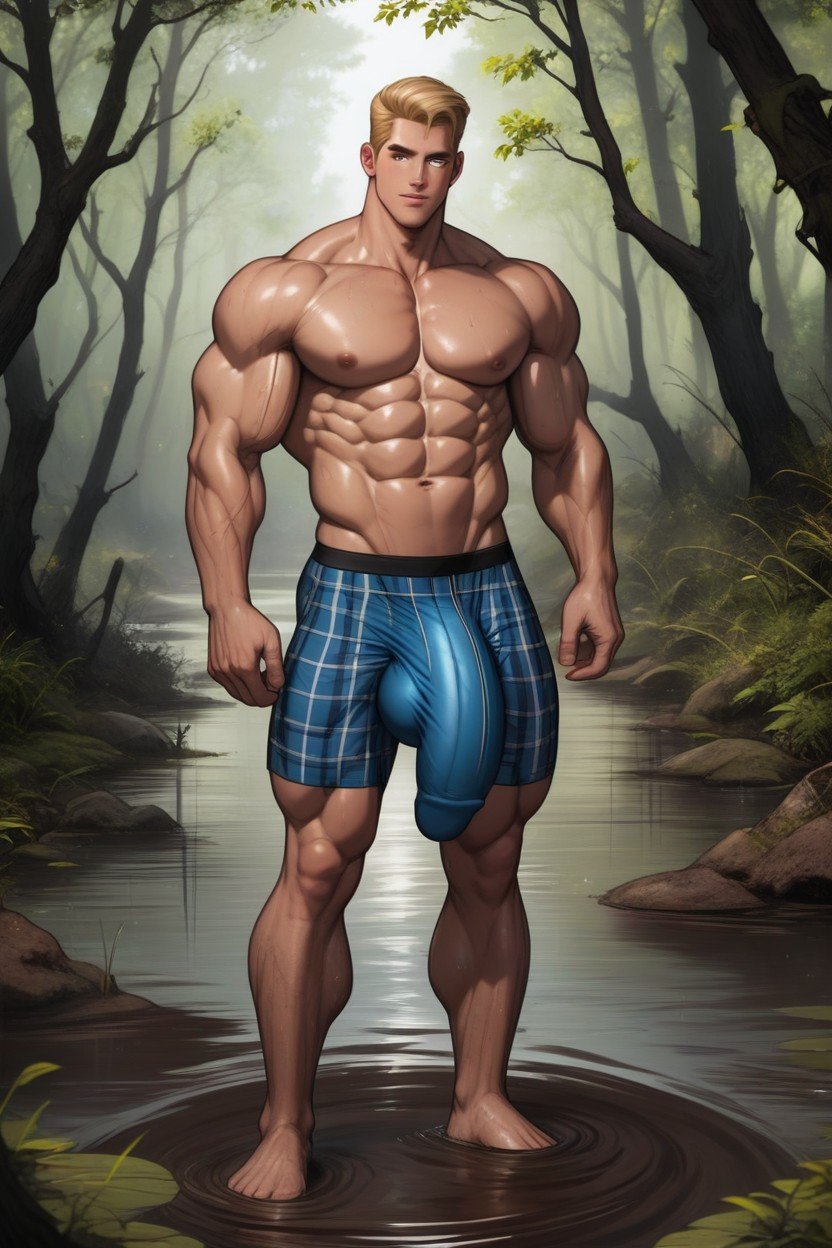 Johnny Bravo With A Huge Hyper Bulge, Standing, Covered Full Body In Mud AI Gay Porn
