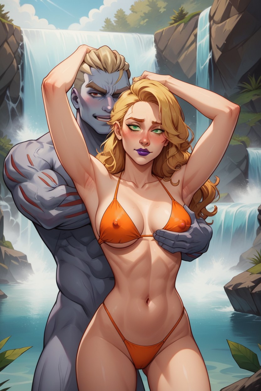 Orange Bikini Top, Torso, Heavy Eye Liner AI Porn