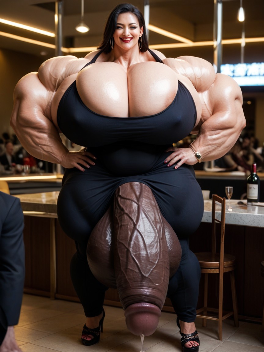 Tall, Hyper Gigantic Massive Black Testicles, Many People Around Shemale AI Porn