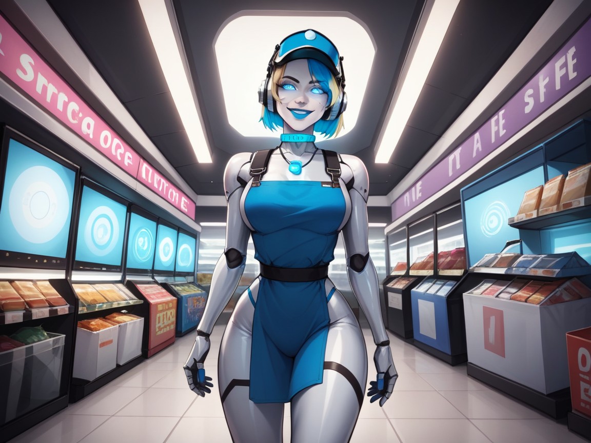 Merchandise For Sale In Background, Glowing Blue Eyes, Torso Hentai AI Porn