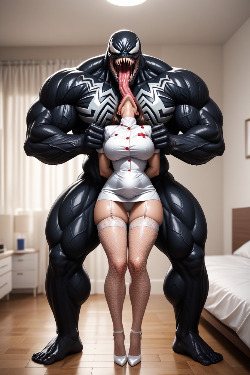 Her Hands Down By Her Sides, Bedroom, Venoms Long Tongue Going In Her Mouth AI Porn