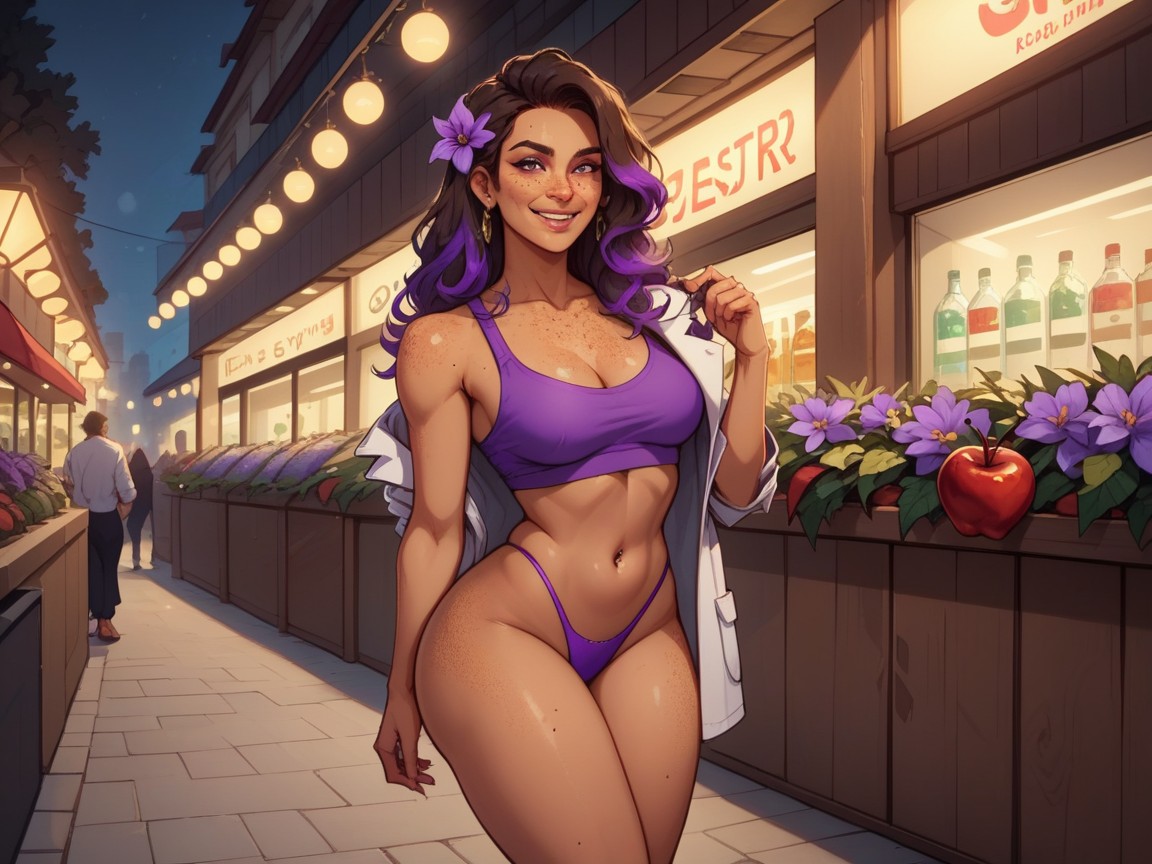Purple Flower In Hair, Multiple Plants In Background, Low Height Hentai AI Porn