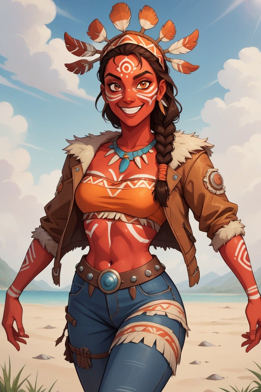 Wearing Orange Tribal Clothes, Copper Red Skin, Torso AI Porn