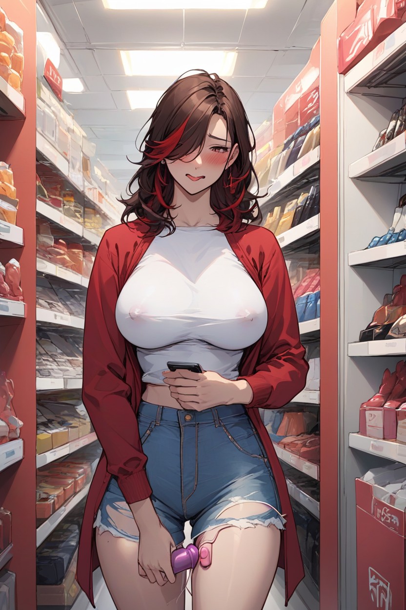 Dildo Vibrating, Nervous Expression, Head Tilted Down AI Porn