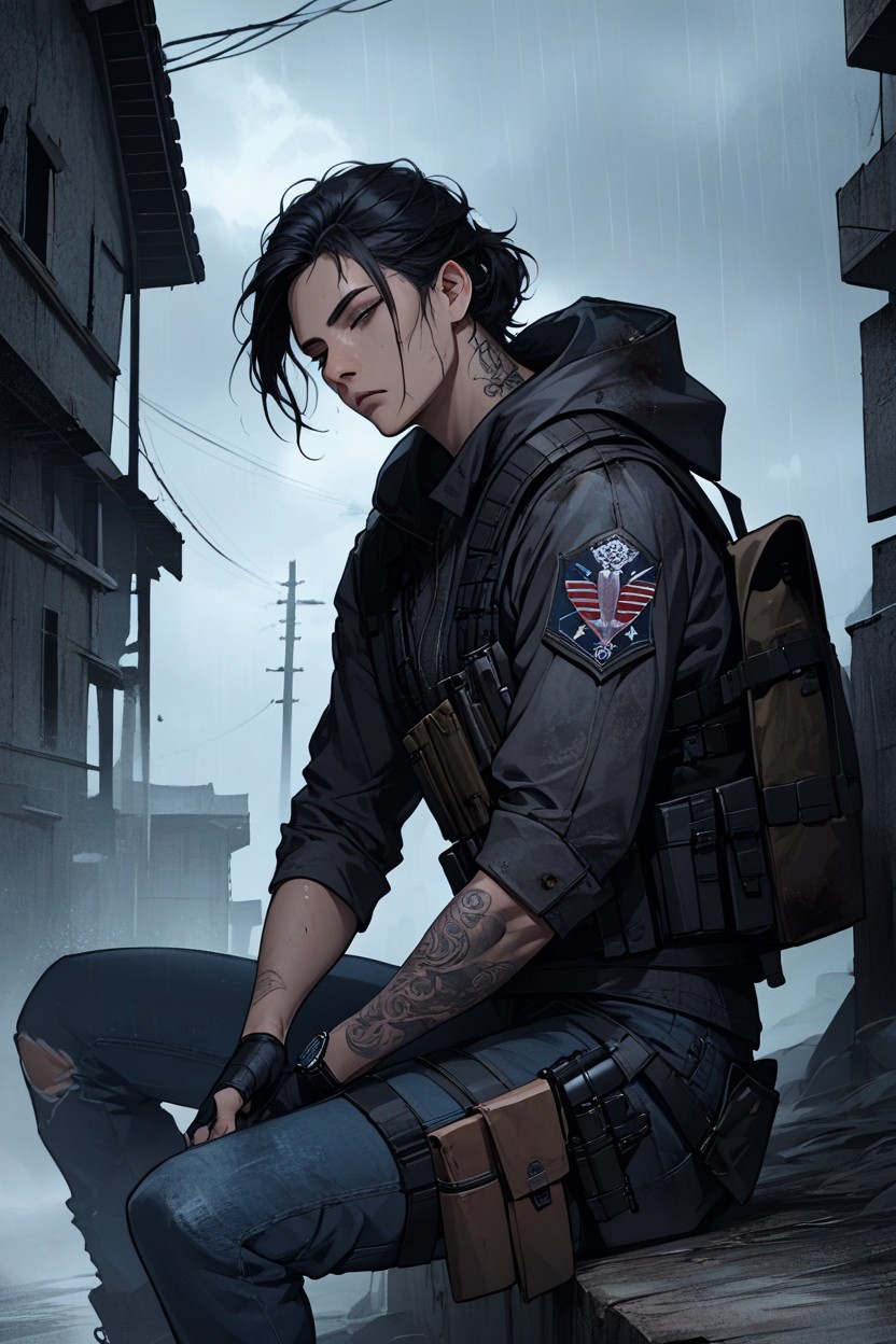 Raining, Black Cargo Jacket With Hooded, Indoor AI Porn