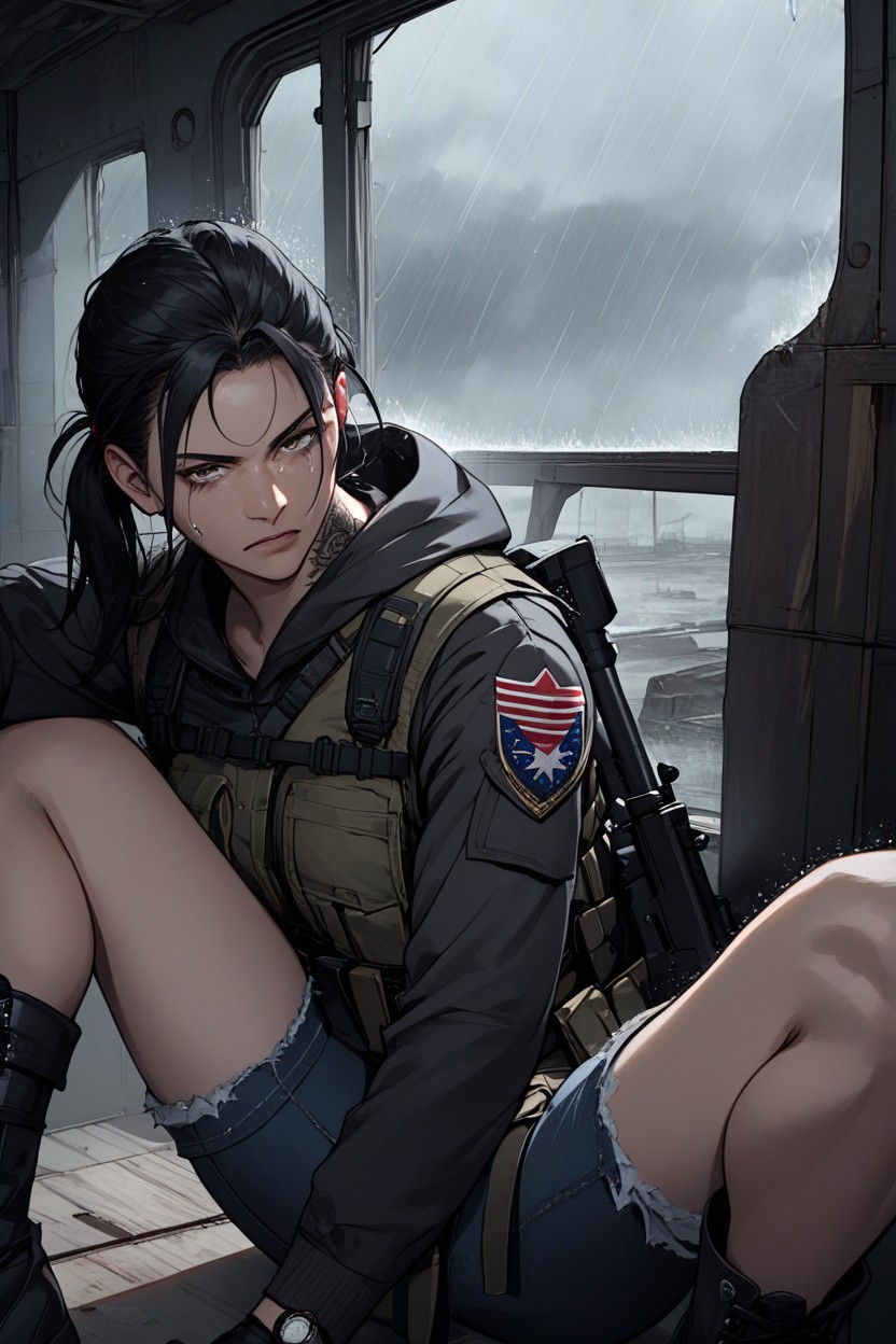 Holding A Military Rifle, Hard Shadow, Military Tattoos AI Porn