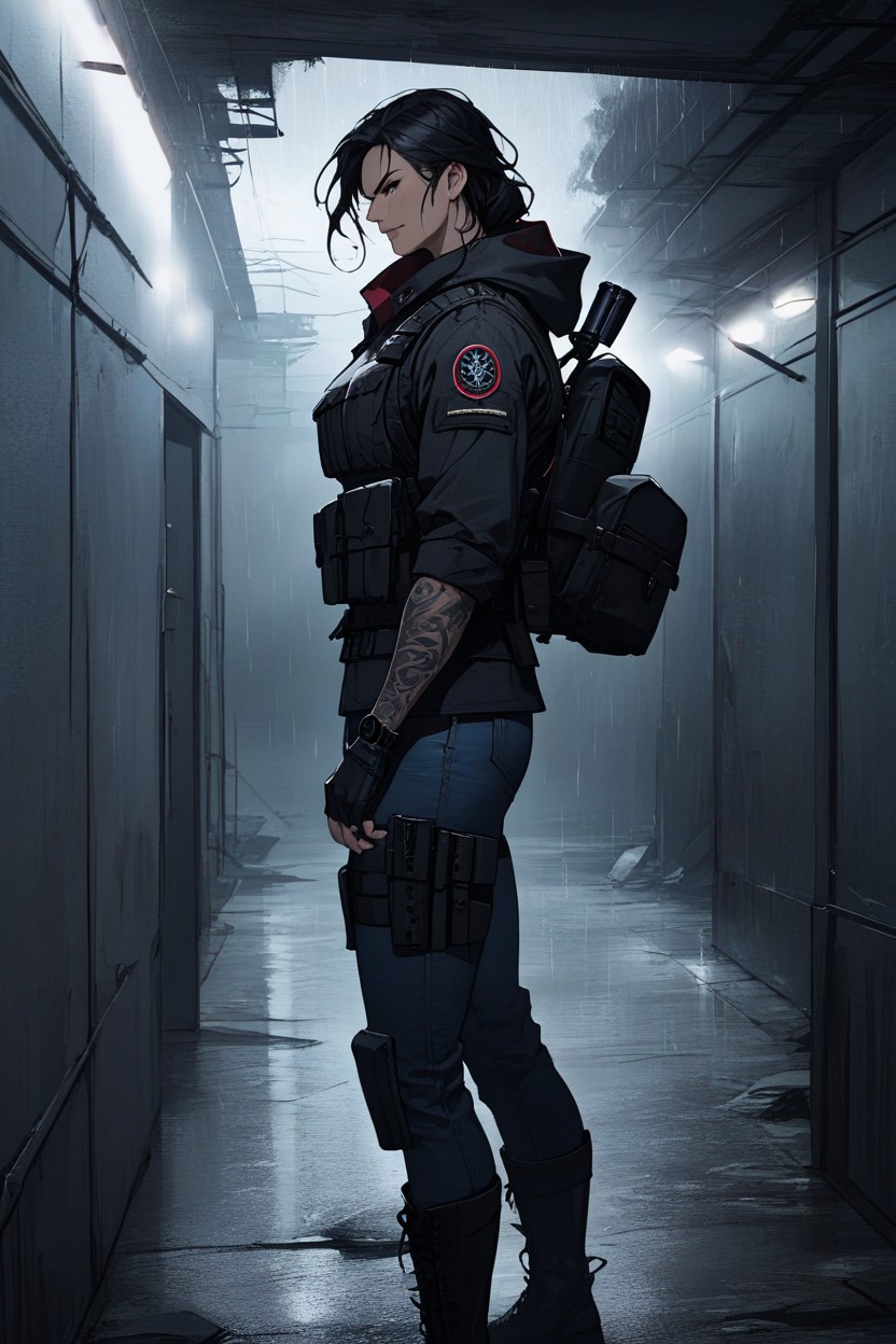 Black Military Boots, Black Hair, Tactical Vest AI Porn