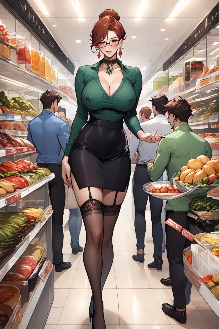 Erect Nipples Showing Under Sweater, Beautiful Brunette Woman With Large Firm Breasts Standing In Produce Section Of Grocery Store, Small Ass Furry AI Porn