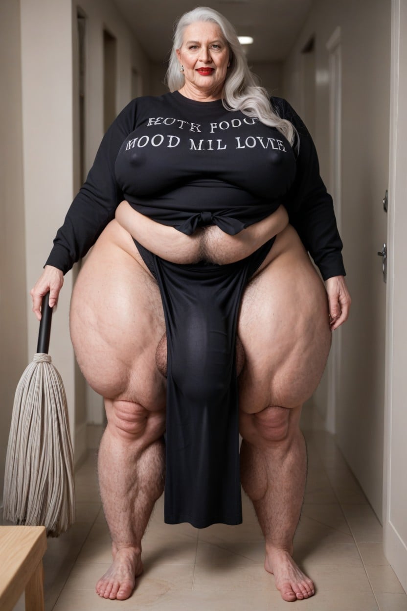 Holding Mop, Dark Nipples, Black Oversized Shirt Shemale AI Porn