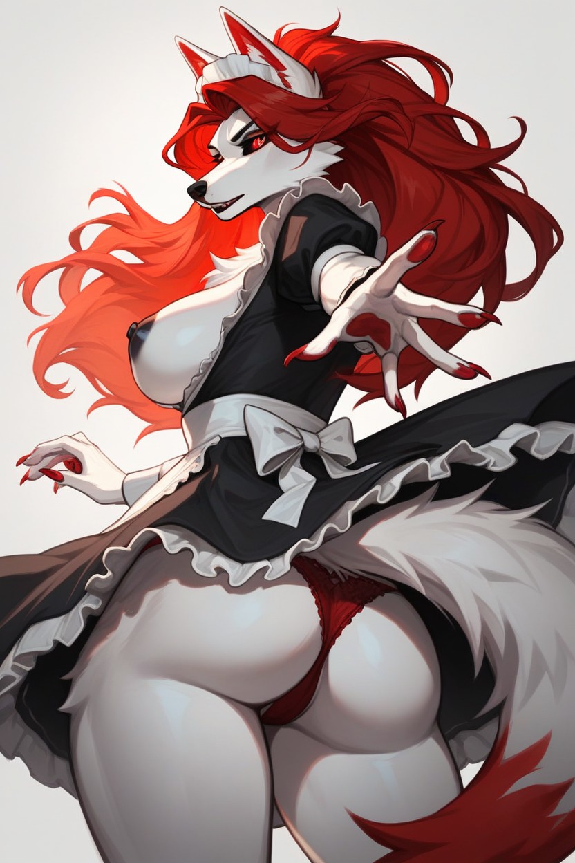 Woman Wolf, White Fur, Red Scarlet Hair Furry AI Porn