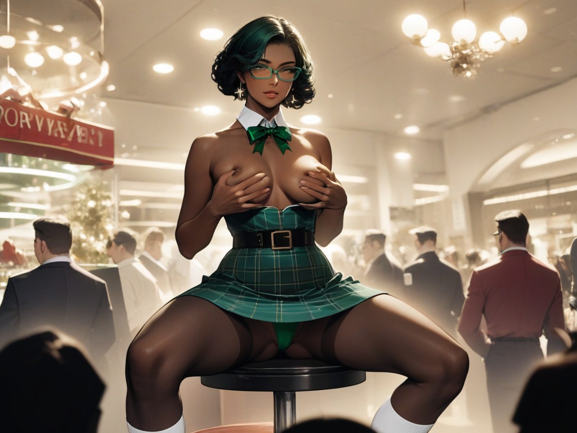 Dark Ebony Skin, Rectangle Body Type, Wearing Green Clothes AI Porn