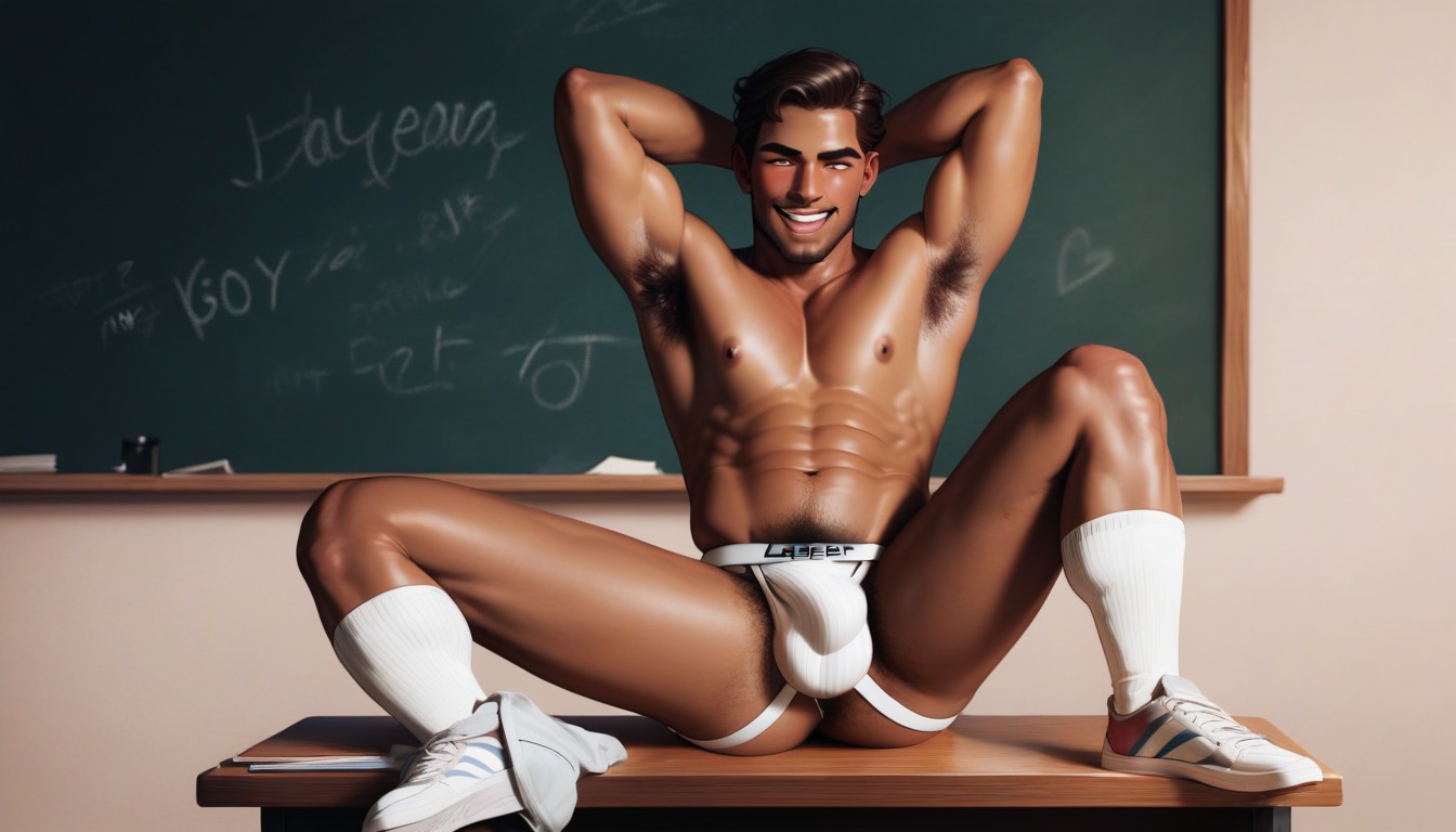 Lewd Drawings On Chalkboard, Arms Up, Skinny AI Gay Porn