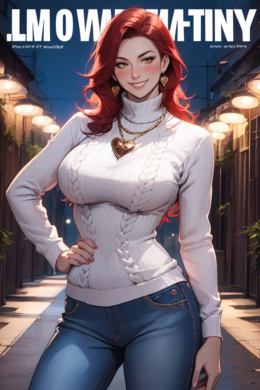 Large Breast, Shadows, Round Neck Ruffled Knit Sweater AI Porn