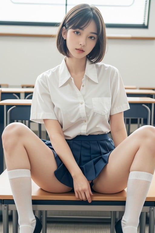 透視裙底 , 內褲, White Knee-high Socks AI國產黃片