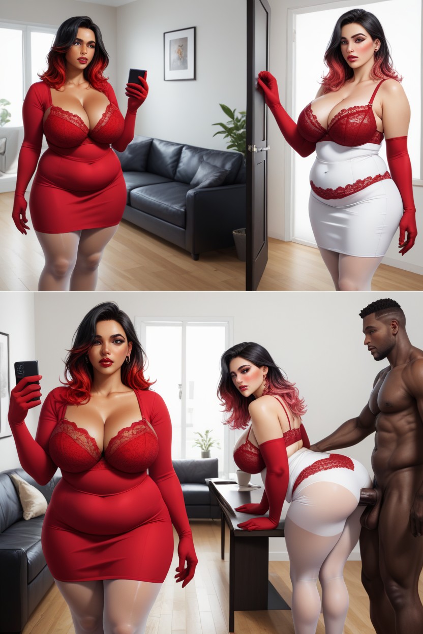 Round Chubby Face, L Red Long Gloves, Dimly Lit AI Porn