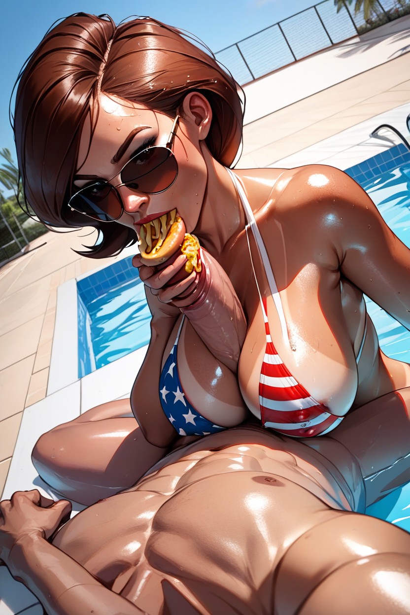 Huge Penis Resting On Helen Parr Head, Hotdog In Hand, Backlit AI Porn