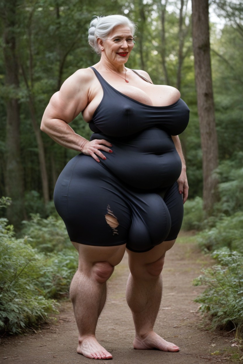Hair In Bun, Big Belly, Gigantic Saggy Breast Shemale AI Porn