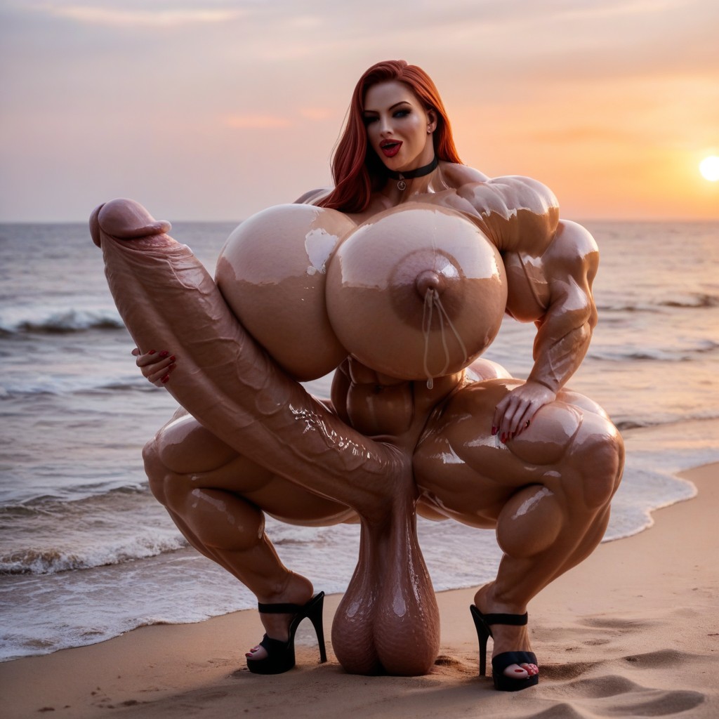 Sunset, Ultra Muscular, Oiled Skin Shemale AI Porn