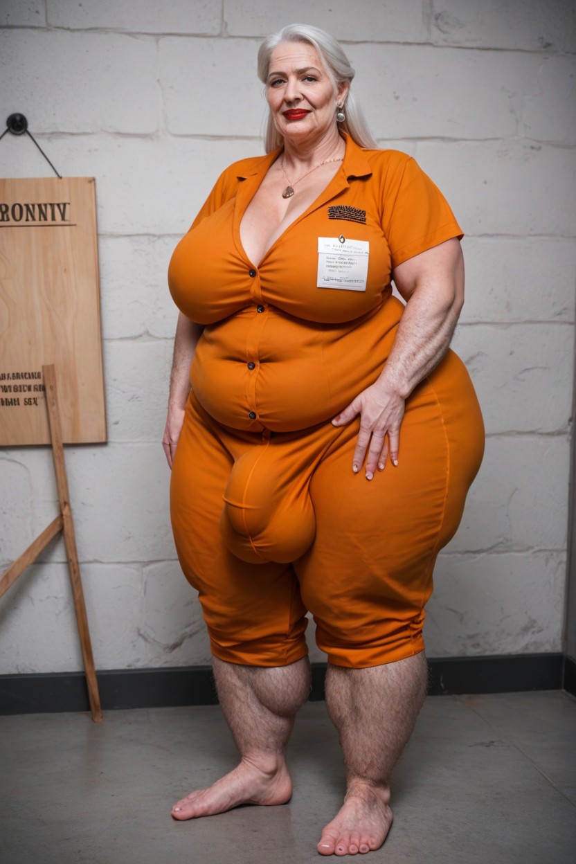 Orange Prison Jumpsuit, Hyper Pubic Hair, Grinning Shemale AI Porn