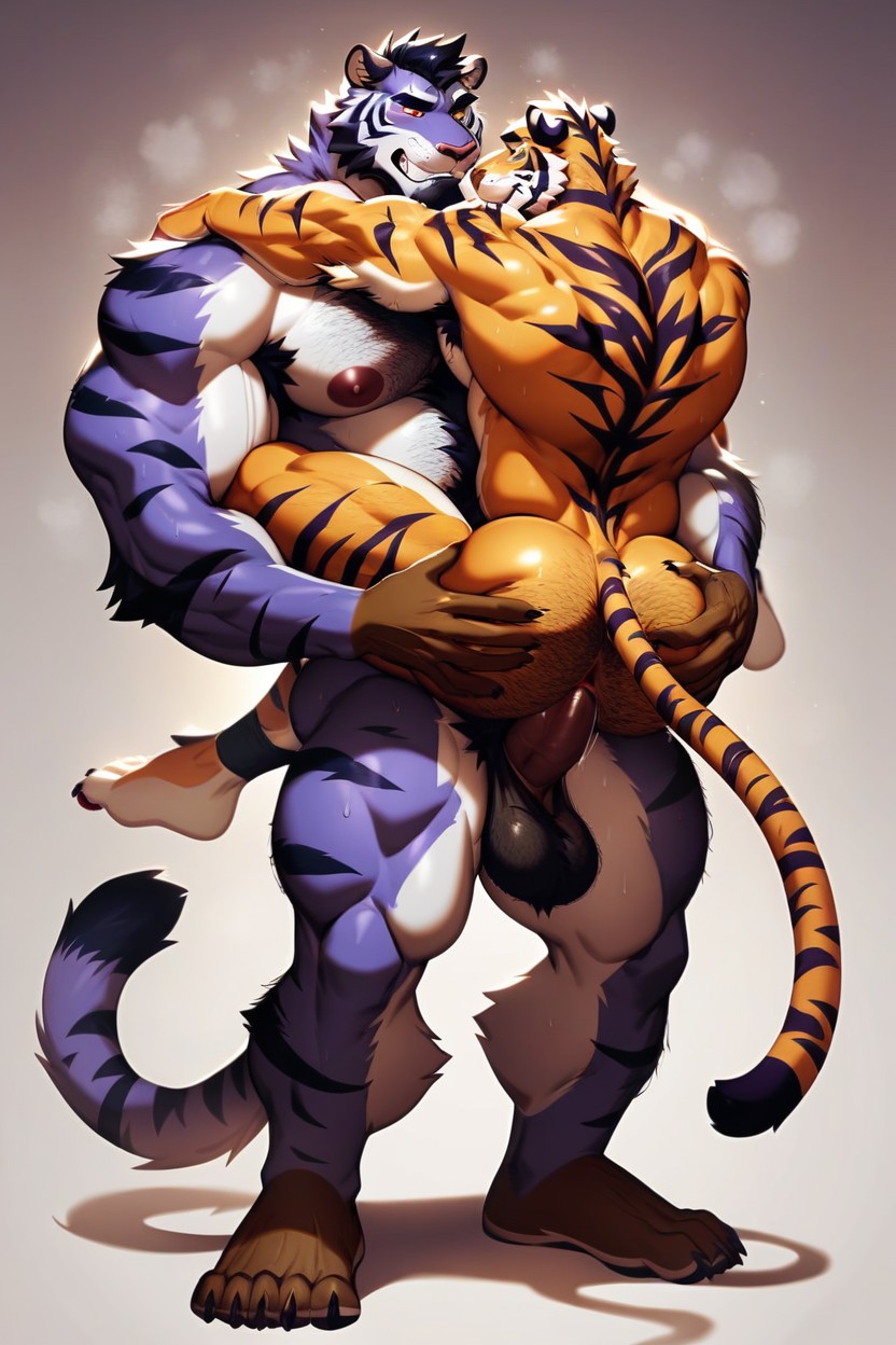 Chest Hair, Gay Purple Tiger, Sweaty Furry AI Porn