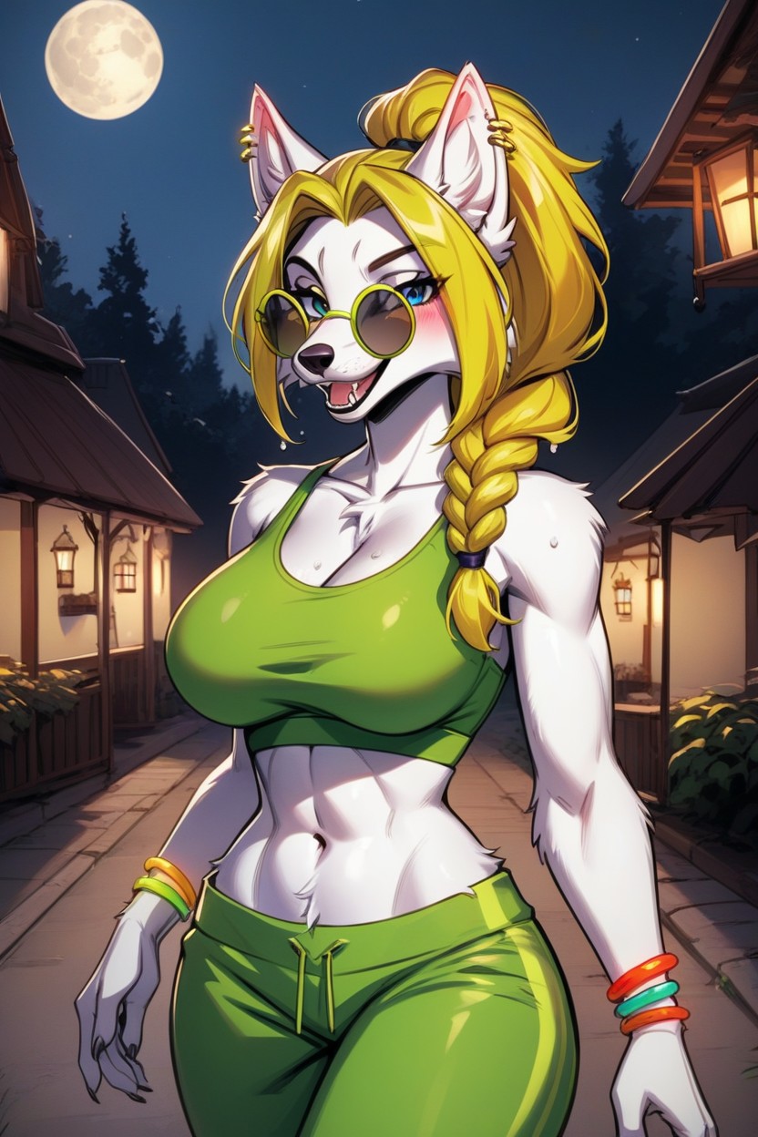 Glowing Blue Eyes, Highly Detailed Drawing, Wearing A Yellow Glow Stick Around Her Neck Furry AI Porn