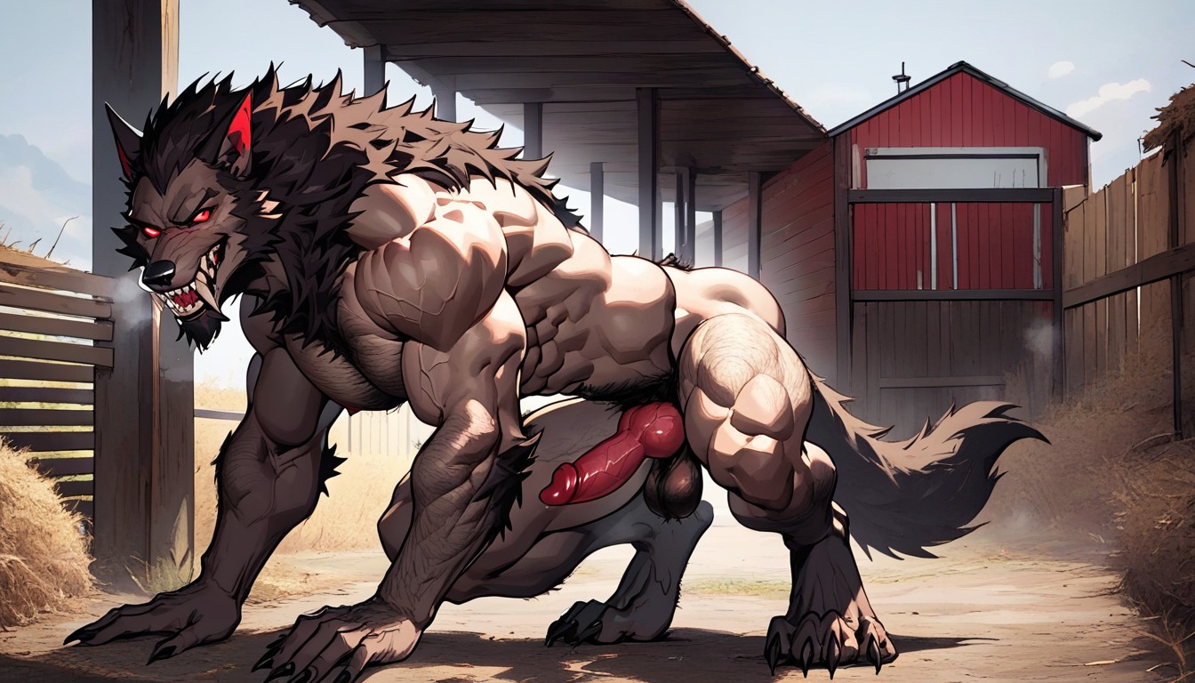 Werewolf Body Is Covered With Light Brown Fur, Open Clothes, Werewolf Anthropomorphic AI Gay Porn