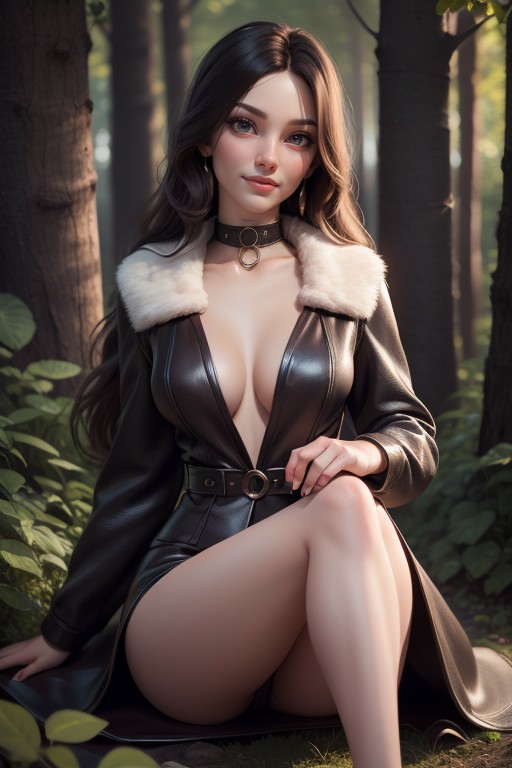 Smiling, Fur Coat, In The Woods AI Porn