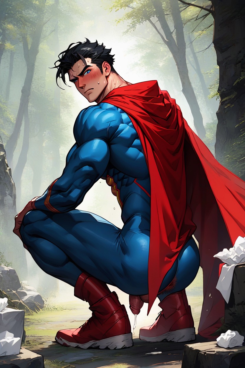 His Pants Pulled Down To His Red Boots, Concentrated Look, Looking At Viewer AI Gay Porn