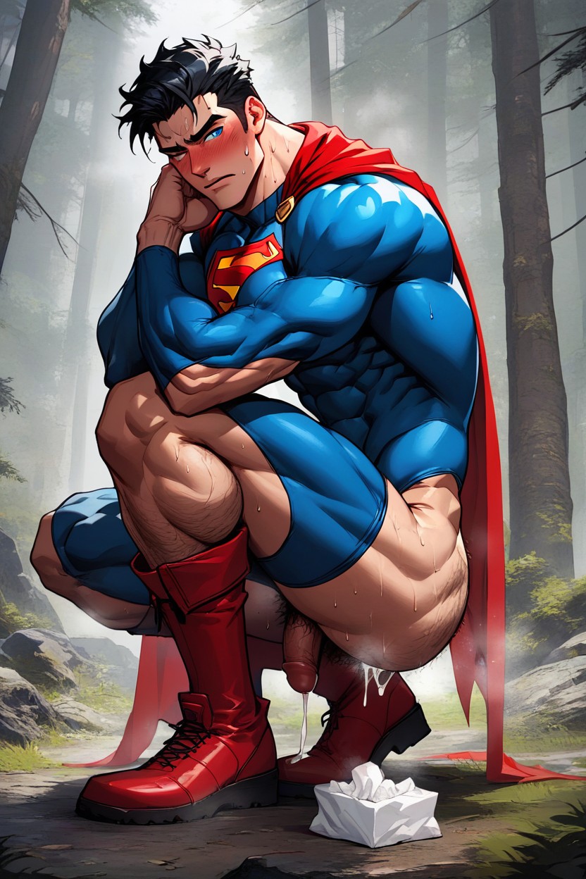 Squeezing White Slimy Yoghurt From His Hairy Anus, Holding Tissue Paper In His Hand, Side View AI Gay Porn