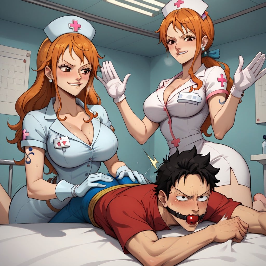 Skintight Nurse Medical Gloves On Namis Hands, Luffy Fingered By Nami, Luffy With Ball Gag In His Mouth Hentai AI Porn