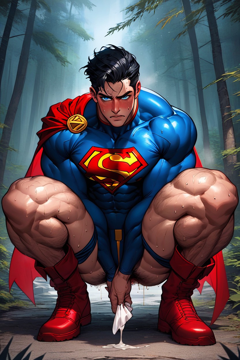 Sweating, In The Forest, His Upper Body Suit Pulled Up To His Chest AI Gay Porn