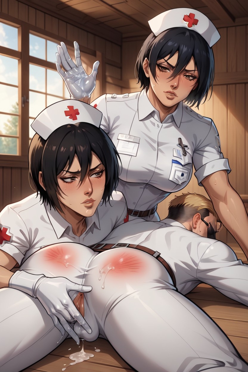 Male Submissive, Cum Leaking Out Of Erens Cock, Mikasa Fingering Erens Prostate With Gloved Hands Hentai AI Porn