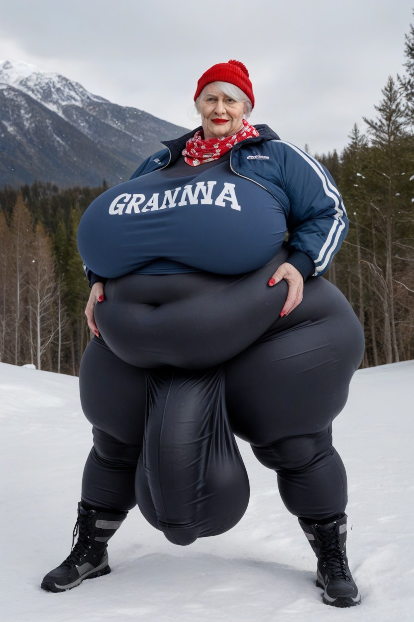 Massive Round Boobs, Pale Skin, Skiing Goggles Shemale AI Porn