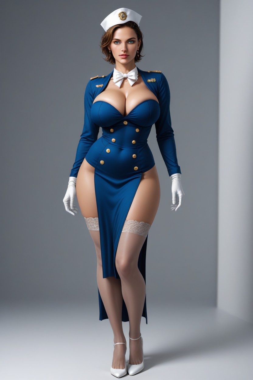 The Decorative Lapels Of The Dress, Large White Bow Tie Around Her Neck, White Gloves AI Porn