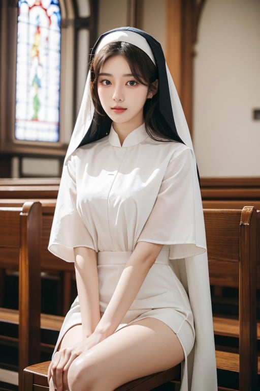 Korean Dolllikeness, Church, Sitting Down Asian AI Porn