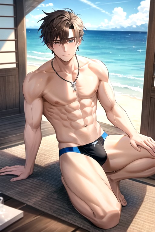 Sand, Water, Hand On Own Thigh AI Gay Porn