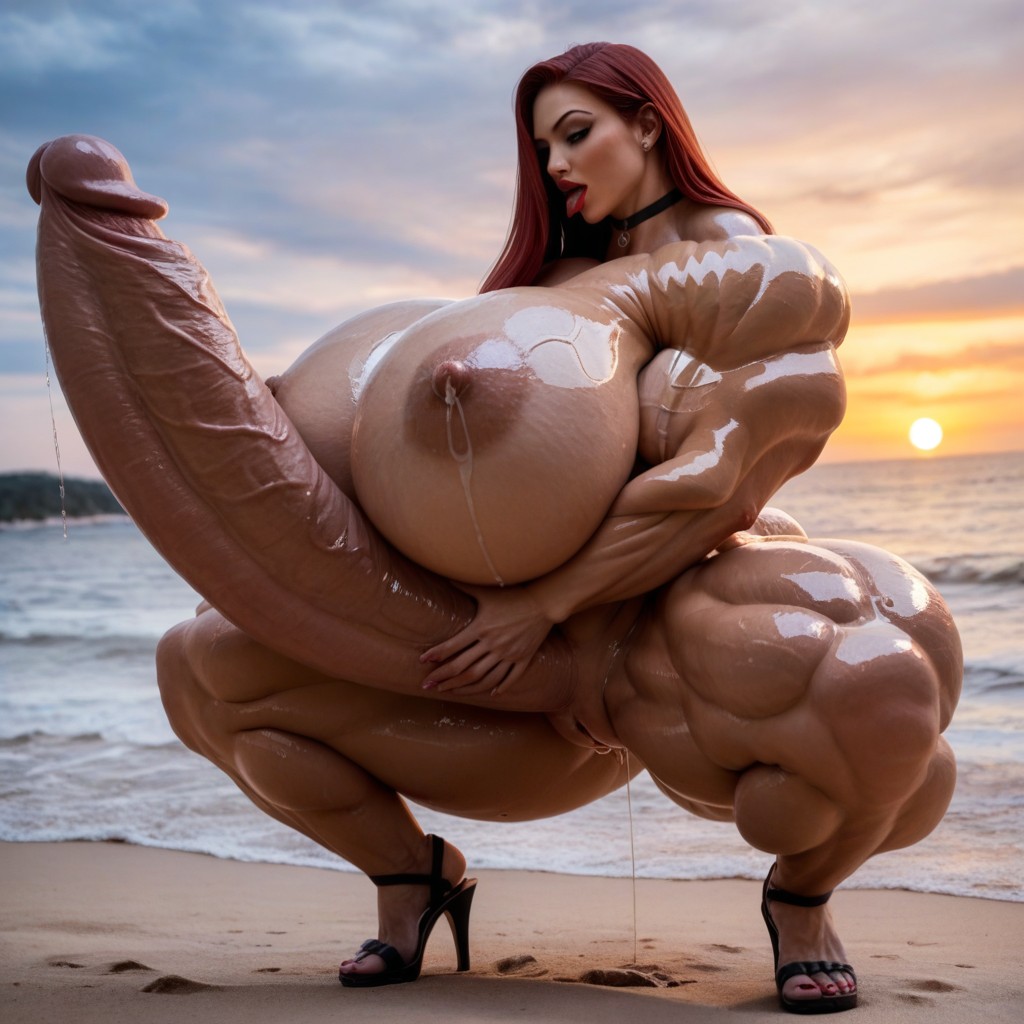 Sexy Sultry Feminine Face, Oiled Skin, Ultra Busty Shemale AI Porn