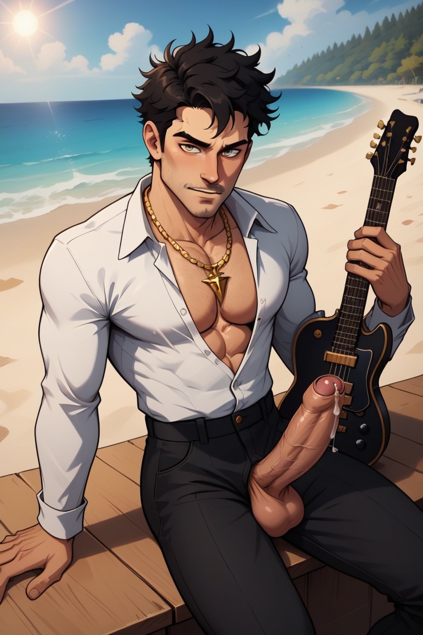 Playing A Guitar, Black Hair, One Southern European AI Gay Porn
