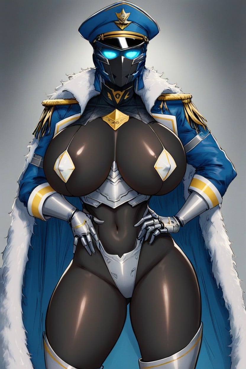 Venera, Space Helmet Head, Blue Military Jacket Open At The Chest Hentai AI Porn