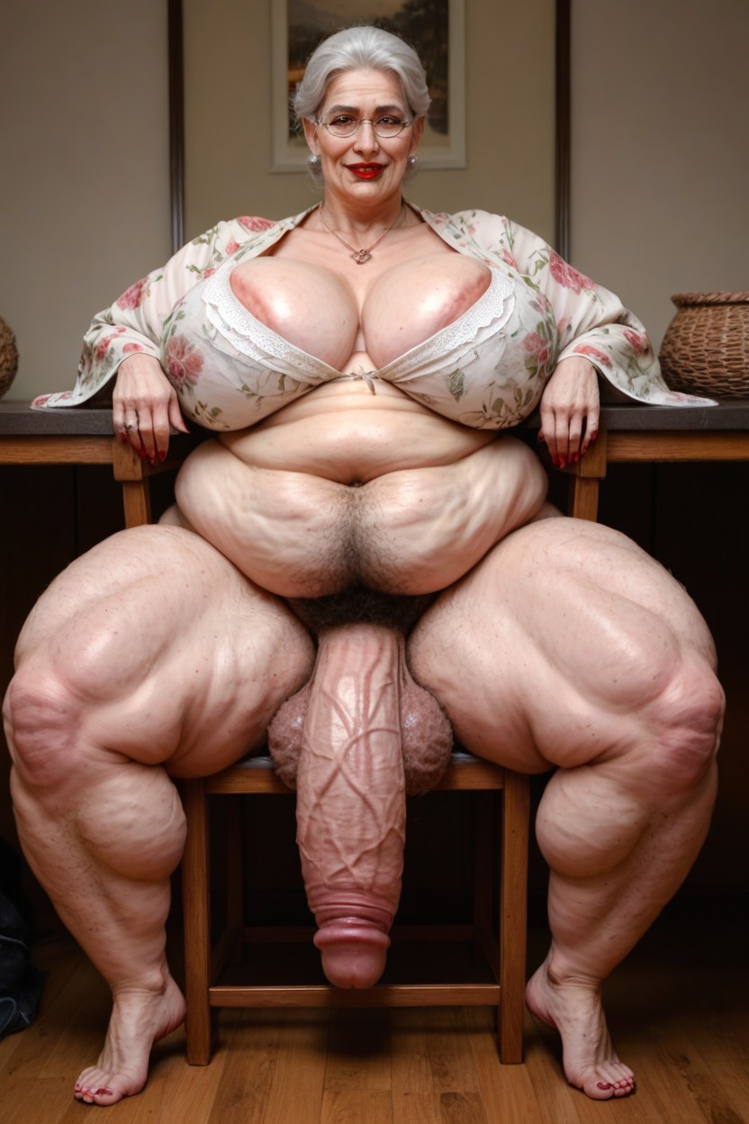 View Under Table, White Hair, Sitting Chair Shemale AI Porn