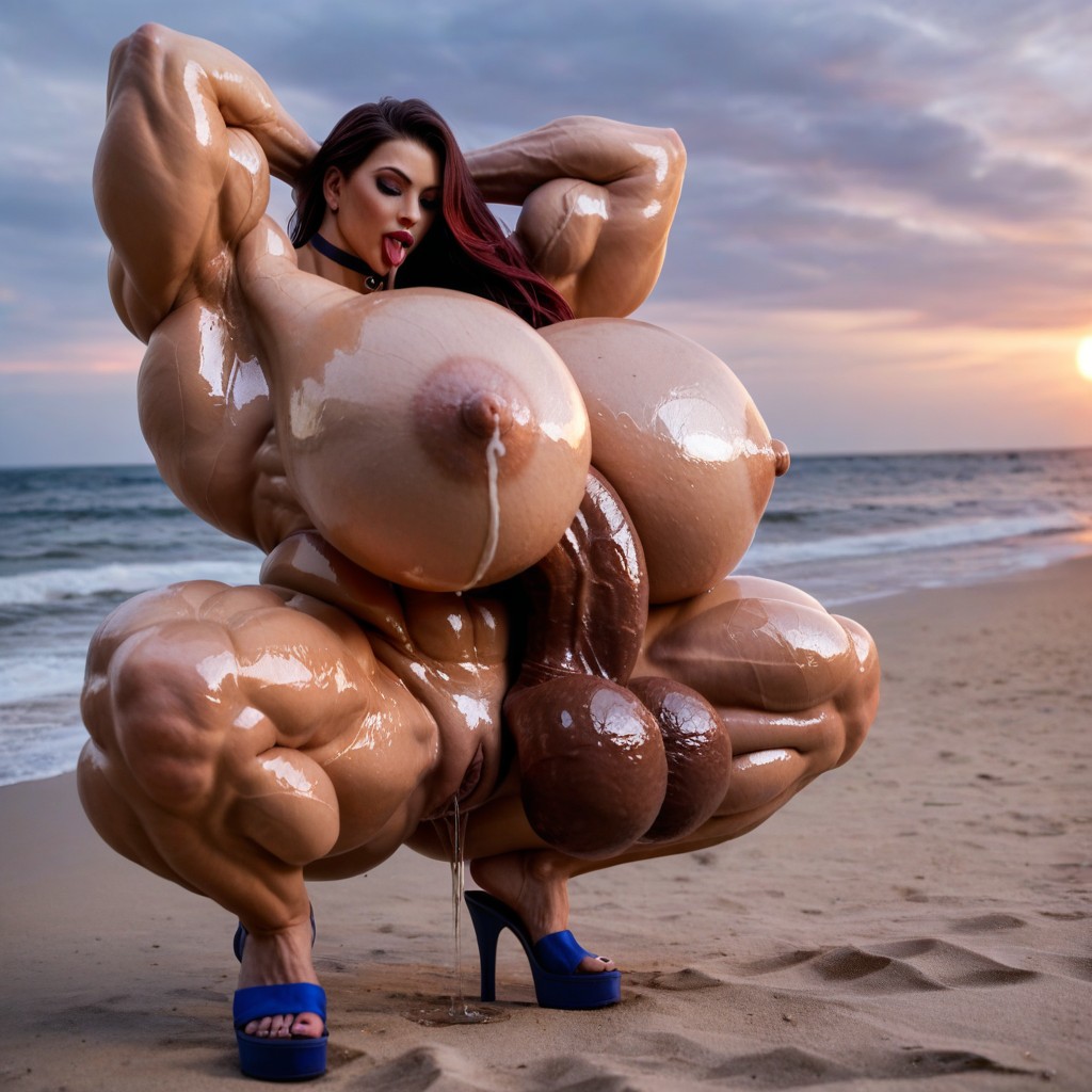 Extreme Ultra Striated Jacked Full Hyper Muscle, Extremely Wide Thigh Gap, Meter Length Ultra Long Hyper Cock Shemale AI Porn